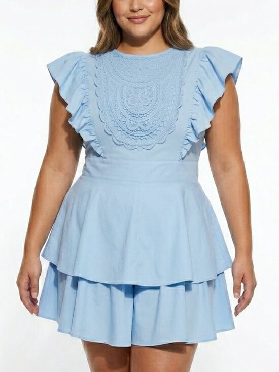 No Brand Pants - Kimchi Blue Coquette Lace Bib Ruffle Tiered Romper Dress Light Blue XXL